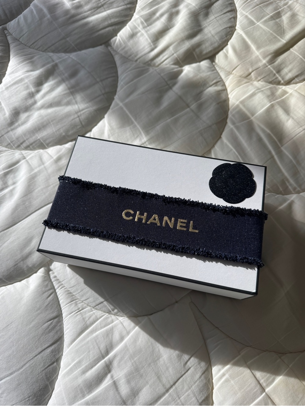 CHANEL Black Ribbon White Box with Gold Logo